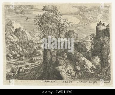 Landschaft mit Reisenden auf steilem Felsen, Jacob Savery (I), nach 1639 drucken in einer bergigen Landschaft, zwei Reisende (ein Mann mit einem Korb auf dem Rücken und ein Junge) gehen auf einem steilen Pfad mit einem Hund, nach zwei Reitern. Links ein Fluss, rechts der Turm einer Burg. Dieser Druck ist Teil einer Serie von sechs Landschaften mit Reisenden. Druckerei: Netherlandspublisher: Niederländische Länder (möglicherweise) Papier ätzt / graviert Landschaften in der gemäßigten Zone. "unterwegs", Reisende unterwegs Stockfoto