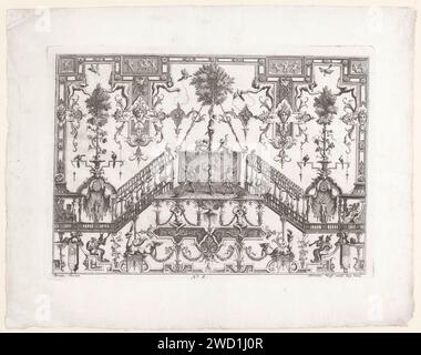 Komposition mit tanzendem Narren, Anonym, nach Jean Berain (Le Vieux), 1686 - 1724 drucken Eine dekorative Komposition mit Zopf und drei Bäumen. Drei Narren tanzen auf einer Bühne unter dem mittleren Baum. Links und rechts führt eine Treppe hinunter zu einer Balustrade mit einem Bild von Bacchus und Apollo. Musiker gehören zu den Brüstungen. Inmitten verschiedener Fantasietiere und -Figuren. In der Mitte von Nr. 5. Die Augsburger Papierätzung verwendete häufig ornamentale Kompositionen. Gruppentanz. hofnarr, Hofnarr Stockfoto
