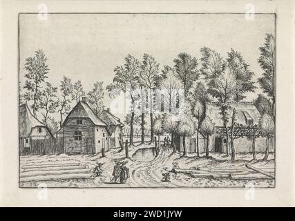 Dorpsstraat mit Baumstämmen, Johannes oder Lucas van Doetechum, nach Meister der kleinen Landschaften, 1610 - vor 1676 drucken Ansicht einer Dorfstraße mit Baumstämmen im Vordergrund. Antwerpener Papier ätzt öffentliche Straße im Dorf Stockfoto