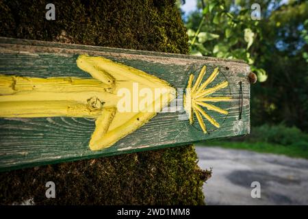 Wegweiser Jakobsweg, Santiago's Road, Burguete, Navarra, Spanien Stockfoto