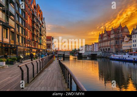 Sonnenuntergang in Danzig in Polen. Blick von der Granary Island Promenade zum Green Gate und zur Green Bridge am Motlawa River. Stockfoto