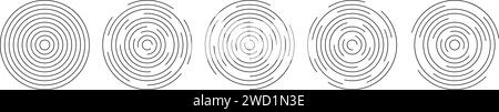 Satz kreisförmiger Welligkeitssymbole. Konzentrische Kreise mit unterbrochenen Linien, die auf weißem Hintergrund isoliert sind. Whirlpool, Wirbel, Sonarwelle, Schallwelle Stock Vektor