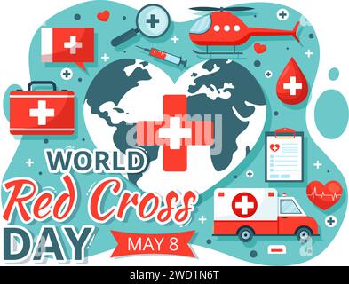 Welt Rotes Kreuz Tag Vektor Illustration am 8. Mai zur medizinischen Gesundheit und Bereitstellung von Blut im Gesundheitswesen Flat Cartoon Hintergrund Design Stock Vektor