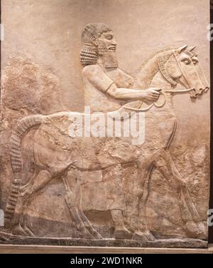 Bräutigam mit Pferden, gemeißelte Steinreliefs aus dem assyrischen Palast von Dur-Sharrukin („Festung von Sargon“; Chorsabad, heute im Irak-Museum, Bagdad, Stockfoto