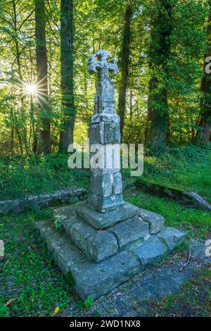 Pilgerkreuz an der Ausfahrt Roncesvalles, 14. Jahrhundert, Santiago's Road, Navarra, Spanien Stockfoto