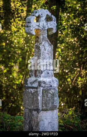 Pilgerkreuz an der Ausfahrt Roncesvalles, 14. Jahrhundert, Santiago's Road, Navarra, Spanien Stockfoto