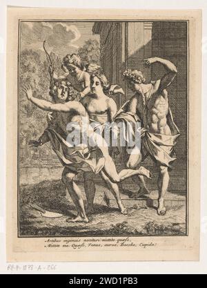 Ein junger Mann flieht Bacchus, Venus und Amor, Louis Fabritius Dubourg, 1720 Druck Ein junger Mann, nach der lateinischen Unterschrift Genie, flieht Bacchus, Venus und Amor. Amsterdamer Papierätzung Venus und Cupid (Cupid ist kein bloßes Attribut). (Geschichte) Bacchus (Dionysos), Liber Stockfoto