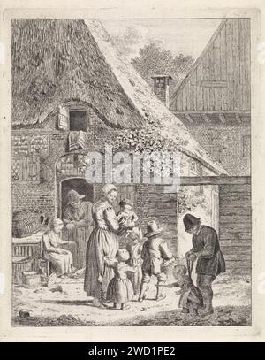 Bauernhof und Kinder auf der Farm, Johannes Christiaan Janson, 1778–1823 drucken Bauernhof mit einem Mann, der sich an eine untere Tür lehnt. Eine Frau steht vor der Tür und gibt Hühnern zu essen. Auf dem Weg vor dem Bauernhof eine Frau mit vier Kindern, von denen sie eines im Arm hält. Rechts im Vordergrund ein Mann mit einem Kind auf der Leiband. Die Präsentation wird mehr bearbeitet als der vorherige Status. Papierätzung Mutter und Kind(er), Frau und Kind(er) (Familiengruppe) (mit ANZAHL der Kinder). Vater und Kind(er), Mann und Kind(er) (Familiengruppe). Gehen lernen, die ersten Schritte Stockfoto