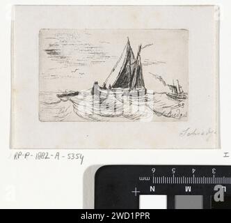 Segelschiff auf See, Petrus Paulus Schiedges (I), 1863 Print Ein Segelschiff zieht eine Schaluppe und segelt nach rechts. Ein Dampfboot rechts im Hintergrund. Das Haager Papier ätzt Segelschiff, Segelboot Stockfoto