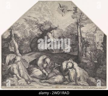 Christus im Hof van Getsemane, Jacob Matham, nach Taddeo Zuccaro, 1615 Druck Christus im Hof von Getsemane, mit einem Engel, der ihm mit einer Fehlgeburt erscheint. Im Vordergrund die schlafenden Apostel. Das Gebet Christi in Amsterdam im Garten Gethsemane während der Nacht. Qual Christi: Um ihn zu trösten, erscheinen Christus ein oder mehrere Engel mit Kelch und/oder Kreuz. engel mit Kelch Stockfoto