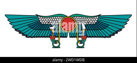 Die geflügelte Sonne von Theben. Sonnensymbol des Göttlichen, Königs und der Macht im alten Ägypten, eine geflügelte Sonnenscheibe, die auf beiden Seiten mit einem Uraeus flankiert ist. Stockfoto