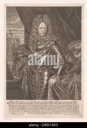 Porträt van Christian Albrecht von Brandenburg -Ansbach, Marc Anton Gufer, nach Jan Hendrik Brandon, 1692 - 1695 Druckpapierstich historischer Personen. Herrscher, souverän. Blick auf die Stadt und Landschaft mit künstlichen Bauten. Rüstung. Helm Stockfoto