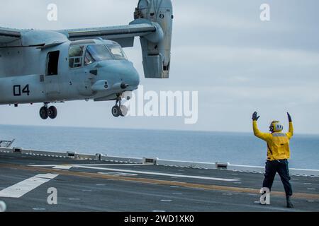 Der Boatswain's Mate leitet die Marines in einem MV-22 Osprey zum Start. Stockfoto