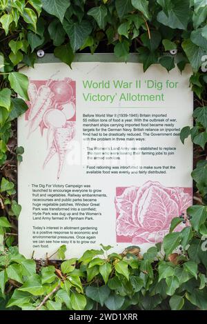 Informationstafel über die Kampagne „Dig for Victory“ aus dem Zweiten Weltkrieg im Garten des Museums von Farnham, Surrey, England, Großbritannien Stockfoto