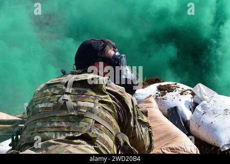 Ein Fallschirmjäger der US-Armee passt seine M50-Gasmaske während einer Feuerübung in der Pocek Range in Postonja, Slowenien. Stockfoto