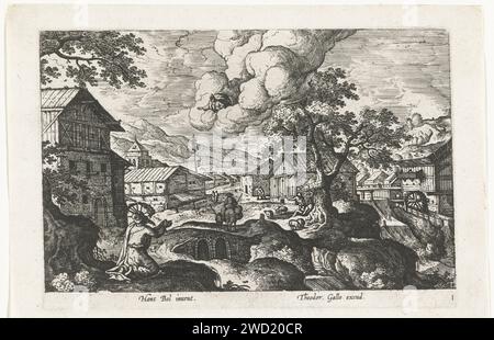 Gott erscheint für einen alten Mann, Anonym, nach Hans Bol, ca. 1550 - ca. 1633 Druck ein alter Mann kniet an einem Bach in einem Dorf nieder. Gott erscheint in einer Wolke für ihn. Der alte Mann bettelt um die Hände. Südniederländische Papierätzung Vision Stockfoto
