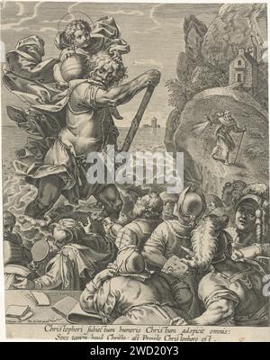 Saint Christoffel und Zuschauer, Pieter de Jode (I), nach Otto van Veen, 1590–1632 drucken Hügellandschaft mit einem turbulenten Fluss. Der heilige Christoffel tränkt das Wasser mit einem Kind auf dem Rücken. Er wird von einem Einsiedler mit einer Laterne getroffen. Im Vordergrund verschiedene Zuschauer. Am Rand eine Beschriftung in lateinischer Sprache. Antwerpen Papiergravur St.. Christopher, mit dem Christuskind auf den Schultern, waten durch das Wasser und tragen seinen Stab (Palme); manchmal steht ein Einsiedler auf dem weiteren Ufer neben einer Kapelle, eine Laterne in der Hand Stockfoto
