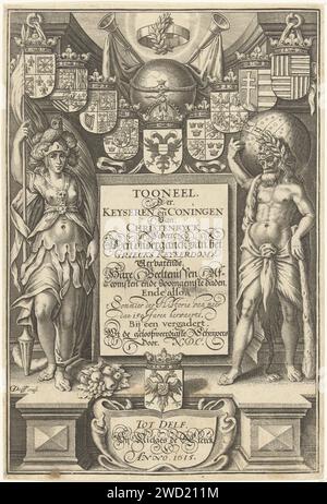 Herkules und Minerva stehen auf beiden Seiten von Cartouche mit Titel, gekrönt mit Wappen, Globe und Bazuinen, Willem Jacobsz Delff, 1615 gedruckte Cartouche mit Titel, flankiert von Herkules mit Hemelerrobe und Minerva. Über Wappen, Globus und Trompete. Delfter Papierstich (Geschichte von) Herkules (Herakles). (Geschichte) Minerva (Pallas, Athena) Stockfoto