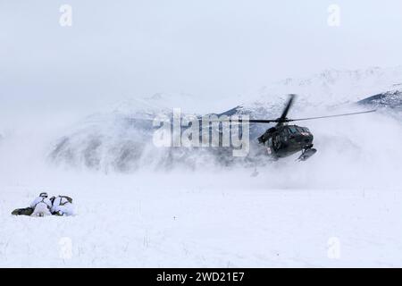 Fallschirmjäger drängen sich über einen Scheinopfer, um ihn vor der Rotorspülung eines landenden UH-60 Hubschraubers zu schützen. Stockfoto