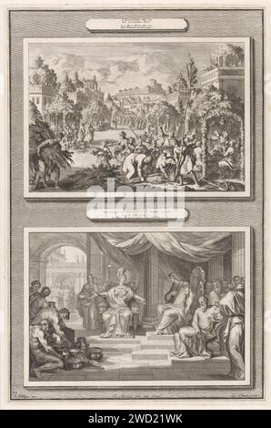 Fest der Tabernakel und Salomon und die Königin von Seba, Jan Luyken, nach Ottmar Elliger (II), 1700 drucken zwei Aufführungen auf einem Teller. Oben: Das jüdische Volk feiert das fest der Tabernakel nach der Initiation des Tempels. Taberkhutten wurden in den Straßen Jerusalems gebaut. Im Vordergrund werden Menschen aufgetragen und betrunken und Musik gespielt. Unten: Die Königin von Seba sitzt auf einem Thron neben König Salomo. Amsterdamer Papier, das Salomo und die Königin von Saba ätzt (1 Könige 10:1-3; 2 Chroniken 9:1-9). "Sukkot", fest der Tabernakel. Die Königin von Saba thronte an Salomons Seite. Sacri Stockfoto