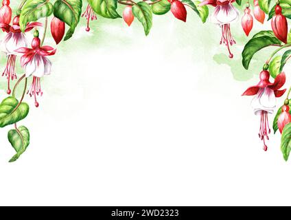 Fuchsia-Blumenrand, Grußkartenvorlage. Handgezeichnete Aquarellillustration isoliert auf weißem Hintergrund Stockfoto