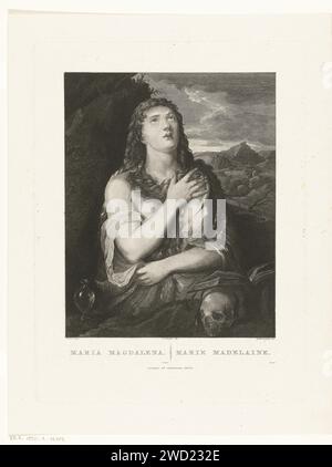 Die Buße von Maria Magdalena, Joannes Bemme, nach Abraham Teerlink, nach Tizian, 1805 Druck Maria Magdalena sieht den Himmel in einer Strafe. Sie ist nur mit einem Tuch gekleidet. Neben ihr ist ein Gefäß für Salbe, mit dem sie die Füße Christi gesalbt hätte. Papierätzung / Gravur der Bußhure Mary Magdalene; mögliche Attribute: Buch (oder Rolle), Krone, Dornenkrone, Kruzifix, Glas Salbe, Spiegel, Musikinstrument, Palmenzweig, Rosenkranz, Geißel Stockfoto