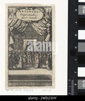 Seleukus Krone Antiochus, Abraham Dircksz. Santvoort, 1666 Druck Seleukus krönt seinen Sohn Antiochus im Thronsaal als König, nachdem Antiochus sich in seine Stiefmutter Stratonica verliebt hat. Stratonica ist neben ihm. Verschiedene Höflinge sehen aus. Über Theatervorhängen und einer Kartusche mit dem Titel. Druckerei: Netherlandspublisher: Amsterdamer Papierätzer Titelseite. theater, Theatervorstellung. Antiochus I. (Soter) und Stratonice: Indem er Antiochus' Puls nimmt, als Stratonice das Zimmer betritt, entdeckt der Arzt, dass die Liebe zu seiner Stiefmutter die Ursache für seine Krankheit ist (König Seleucus Stockfoto