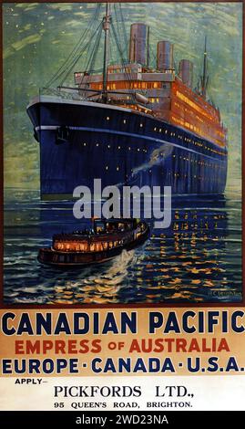 'CANADIAN PACIFIC EMPRESS OF AUSTRALIA EUROPE - CANADA - U.S.A.' 'Canadian Pacific Empress of Australia Europe - Canada - U.S.A.' Ein Vintage-Reiseplakat aus dem Jahr 1925, auf dem der Ozeanliner der Empress of Australia bei Nacht dargestellt wird, mit einem Schlepper im Vordergrund. Der Stil ist anschaulich mit leuchtenden Farben, die die Pracht der Seefahrt während der 1920er Jahre hervorheben Stockfoto