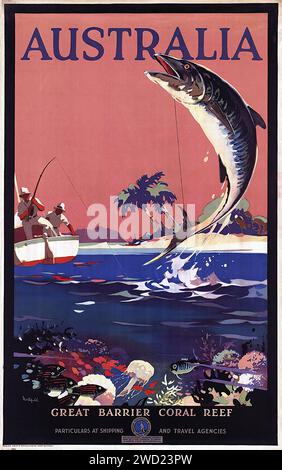 „AUSTRALIA GREAT BARRIER CORAL REEF“ Ein Reiseposter, das den Reiz des australischen Great Barrier Reef unterstreicht und ein dynamisches Bild der Marlinfischerei zeigt. Der Stil ist abenteuerlich mit hellen, kontrastierenden Farben, die die Spannung der Meeresaktivitäten einfangen. Stockfoto