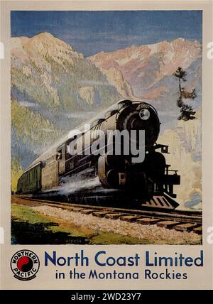 „North Coast Limited in the Montana Rockies“ Ein Vintage-Poster, das eine Dampflokomotive zeigt, die die Montana Rockies unter klarem blauem Himmel durchquert. Der Grafikstil besticht durch naturalistische und lebendige Farben mit malerischer Textur. Stockfoto