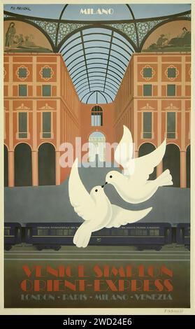 'VENICE SIMPLON ORIENT-EXPRESS LONDON - PARIS - MILANO - VENEZIA' zwei weiße Tauben im Flug vor einem stilisierten Hintergrund des Mailänder Bahnhofs ist das Poster mit seiner Symmetrie, stilisierten Formen und einer Pastellfarbenpalette ein klassisches Beispiel für Art déco-Design. Stockfoto