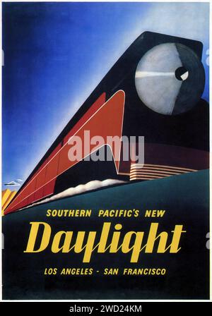 „SOUTHERN PACIFIC's NEW DAYLIGHT LOS ANGELES – SAN FRANCISCO“ Ein Poster, das den Southern Pacific Daylight Train zeigt, der sich durch ein elegantes Rot-, Orange- und Schwarzdesign vor einem hellblauen Himmel auszeichnet. Stockfoto