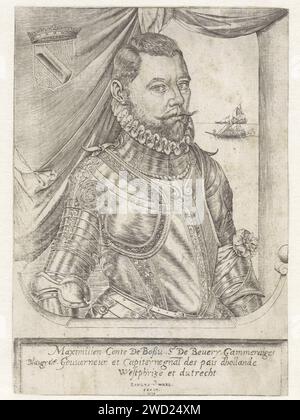 Porträt von Maximilian de Hennin, Graf von Bossu, Paulus van Wtewael, 1573 gedrucktes Porträt von Maximilian de Hennin, Graf von Bossu, in Hartzeug. Ein Schiff auf See im Hintergrund. Oben links sein Wappen. Am Rand eine dreiseitige Beschriftung in lateinischer Sprache. Nordholland Papiergravur Rüstung. Waffenlager, Heraldik. Schiffe (allgemein) Stockfoto