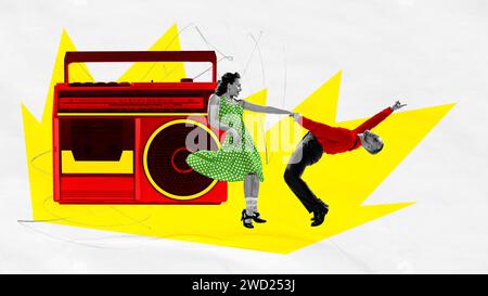 Stilvoller junger Mann und Frau in Retro-Kleidung, lauter Musik und fröhlichem Tanz. Rock and Roll. Kunst im Retro-Stil Stockfoto