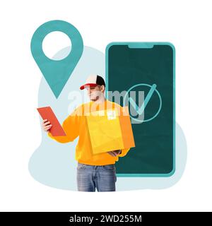 Zeitgenössische Kunstcollage. Mann, Kurier in Kappe mit Paket und Klemmbrett steht vor dem Hintergrund mit Mobiltelefon-Häkchen. Stockfoto
