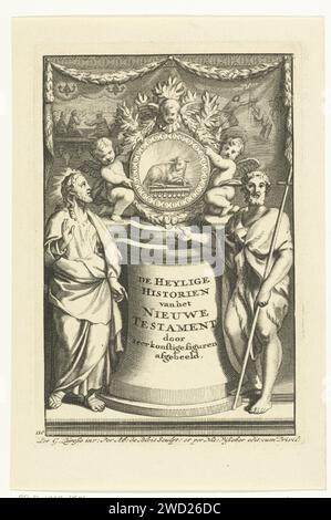 Allegory on the New Testament with Christ and Johannes the Baptist, Abraham de Blois, nach Gerard de Lairesse, 1651–1679 Druck Allegory on the New Testament with Glorification of the Lammes und das Buch mit sieben Stempeln auf einem Medaillon, das von zwei kleinen Engeln gehalten wird. Christus und Johannes der Täufer sind auf beiden Seiten des Podest mit dem Titel. Zwei kleine Szenen zeigen Episoden aus dem Neuen Testament: Das Letzte Abendmahl und die Taufe Christi im Jordaan von Johannes dem Täufer. Amsterdamer Papierstich Christus. Johannes der Täufer; mögliche Attribute: Buch, Schilfkreuz, Taufbecher, Wabe, Lamm, Personal. Stockfoto