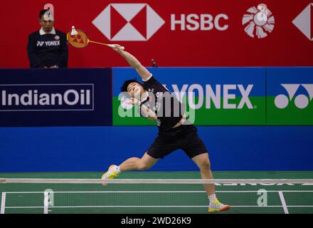 Neu-Delhi, Indien. Januar 2024. He BingJiao tritt im Zweitrundenspiel der Frauen zwischen He BingJiao aus China und Pornpawee Chochuwong aus Thailand beim India Open 2024 Badminton-Turnier in Neu-Delhi, Indien, am 18. Januar 2024 an. Quelle: Javed Dar/Xinhua/Alamy Live News Stockfoto