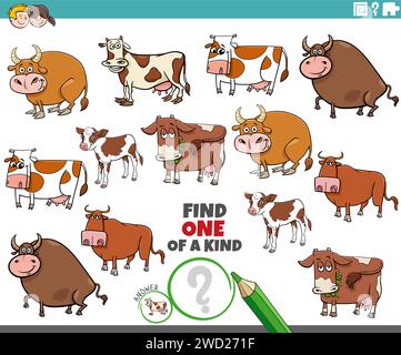 Zeichentrickillustration von Find one of a Art Picture pädagogische Aktivität mit Kühen Nutztieren Stock Vektor