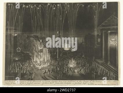 Feuerwerk in Covent Garden, 1690, Bernard Lens (II), 1690 Nachtszene drucken mit dem Feuerwerk, das am 10. September 1690 im Covent Garden in London anlässlich der Feier der Rückkehr von König Wilhelm III. Aus Irland losging. Rechts das aufgeklärte Monogramm der Buchstaben W, M und R von Willem und Maria Rex an der Fassade des St. Pauls. Londoner Papierfestlichkeiten (+ Beleuchtung, Feuerwerk  festliche Aktivitäten). Lagerfeuer, Feuerwerk Covent Garden. St. Paul's Cathedral Stockfoto