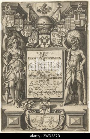 Herkules und Minerva stehen auf beiden Seiten von Cartouche mit Titel, gekrönt mit Wappen, Globe und Bazuinen, Willem Jacobsz Delff, 1615 gedruckte Cartouche mit Titel, flankiert von Herkules mit Hemelerrobe und Minerva. Über Wappen, Globus und Trompete. Druckerei: DelftVerlag: Arnhem Papierstich (Geschichte von) Hercules (Herakles). (Geschichte) Minerva (Pallas, Athena) Stockfoto