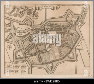 Karte der Stadt Goes, C. de Bye, ca. 1696 - ca. 1700 Karte der Stadt Goes drucken. Zwei Engel halten die Waffe der Stadt Goes. Daneben eine Banderole mit dem Namen der Stadt. Links eine Legende von 1-30. Niederlande Papier ätzt Karten von Städten geht Stockfoto