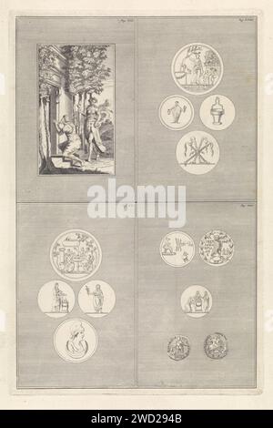 Religion in der Antike, Bernard Picart (Werkstatt), 1723 Blatt mit vier Darbietungen klassischer Marken. Oben links: Ein Tempel für die Waldgöttin Pomona. Ein Mann kniet nieder, eine Frau bringt Opfer. Oben rechts: Vier Marken, die als Küssopfer unter den Griechen verwendet wurden. Unten links: Vier Marken zu Ehren von Herkules. Amsterdam Papier ätzend / Gravur Asyl, Heiligtum. Medaille (gilt als Skulptur, unabhängig von ihrer spezifischen Funktion). Pomona Stockfoto