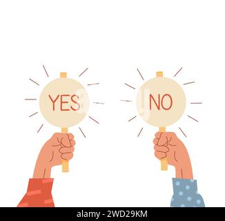 Zwei hochgezogene Arme mit Schildern mit der Beschriftung Ja und Nein. Auswahlkonzept. Abstimmungssymbole. Handplatten des Geschäftsmannes mit positivem und negativem Zeichen. Stock Vektor