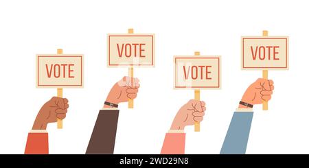 Kombiniere die Wettkampfarme mit einem Plakat und einer Abstimmungsunterschrift. Wahl in Amerika. Vektor-Illustration mit menschlicher Hand halten Voting Banner Schild isoliert auf weiß Stock Vektor