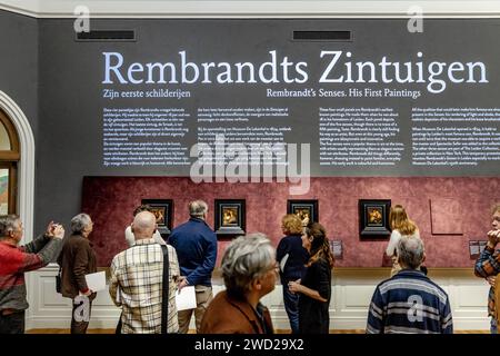 LEIDEN - Rembrandts Werke beziehen sich auf vier Sinne während der Pressevorschau für die Ausstellung „Rembrandts vier Sinne – seine ersten Gemälde“ im de Lakenhal Museum in Leiden. Das Museum feiert sein 150-jähriges Bestehen und präsentiert vier Gemälde Rembrandts, die er als 18-jähriger in Leiden gemacht hat. ANP REMKO DE WAAL niederlande raus - belgien raus Stockfoto