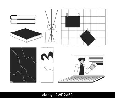 Gemütliches Studieren Schreibwaren Schwarz-weiß 2D-Linie Zeichentrickobjekte Set Stock Vektor