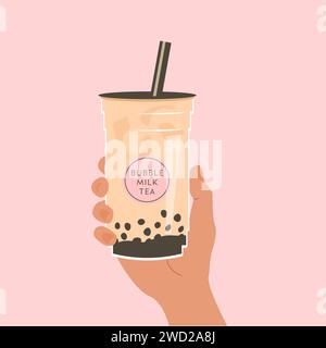 Hand hält eine Tasse berühmten taiwanesischen Bubble-Tee auf rosa Hintergrund. Nehmen Sie das Glas mit dem Aufkleber Perlmilchtee weg. Vektorillustration für Straße A Stock Vektor