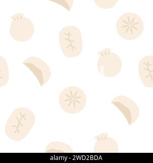 Chinesische Klößchen nahtloses Muster. Dimsum, Gyoza oder momo. Asiatische Küche Hintergrund für Verpackung oder Web. Illustration der Vektorabwicklung. Vektorillustratio Stock Vektor
