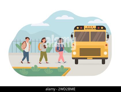 Szene mit multiethnischen, gemischten Race-Kindern, die mit dem gelben Schulbus abgeholt wurden. Die Kinder gehen zurück zur Schule. Vektorabbildung in abgewickelter Form. . Vektorillustr Stock Vektor