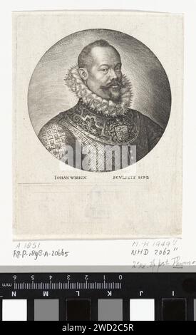 Porträt von Maximilian de Hennin, Graf von Bossu, Johannes Wierix, 1592 gedrucktes Porträt von Maximilian de Hennin, Graf von Bossu. Er trägt ein Gurtzeug, sein Wappen am Kragen. Mit leerem Rand. Antwerpener Papierstich-Rüstung. Waffenlager, Heraldik. Nackenbekleidung  Kleidung (mit NAME) (+ Herrenbekleidung) Stockfoto